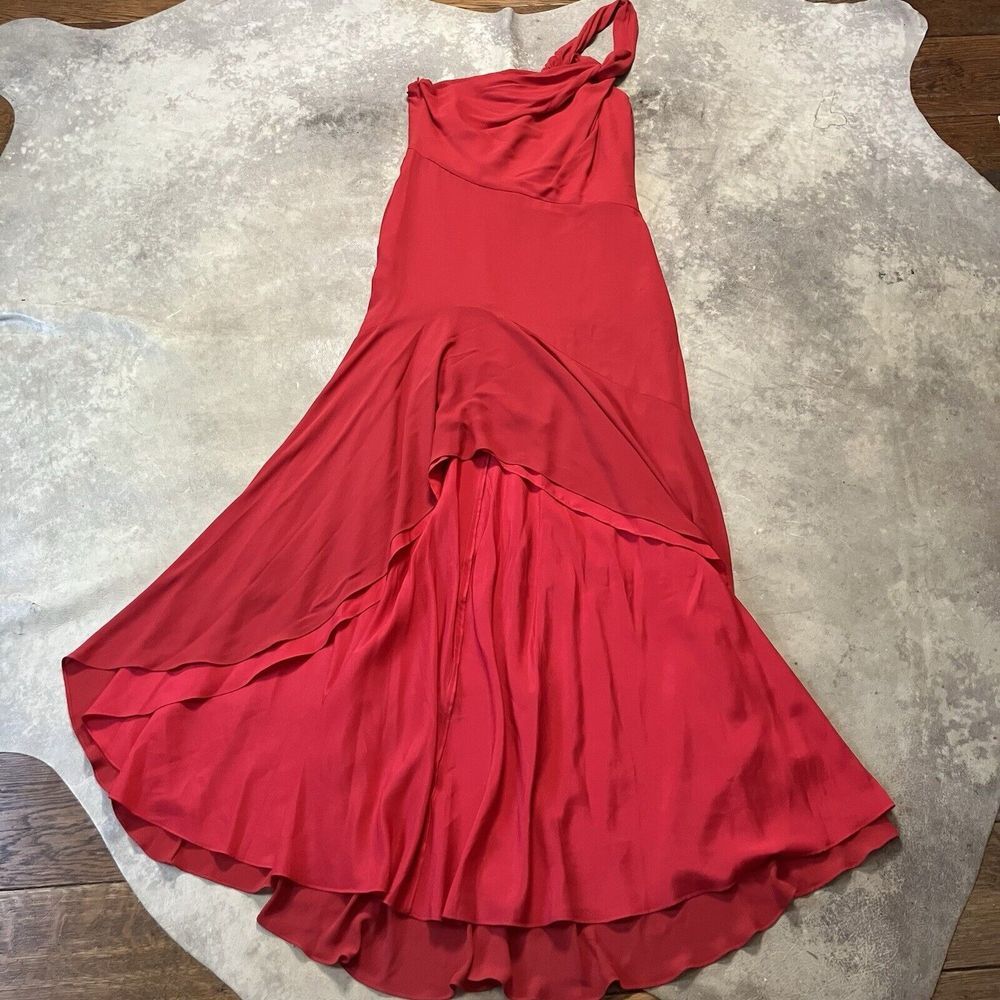 Halston Dress Womens 8 Silk Currant Red Hi Low One Shoulder Leah Twist Gown